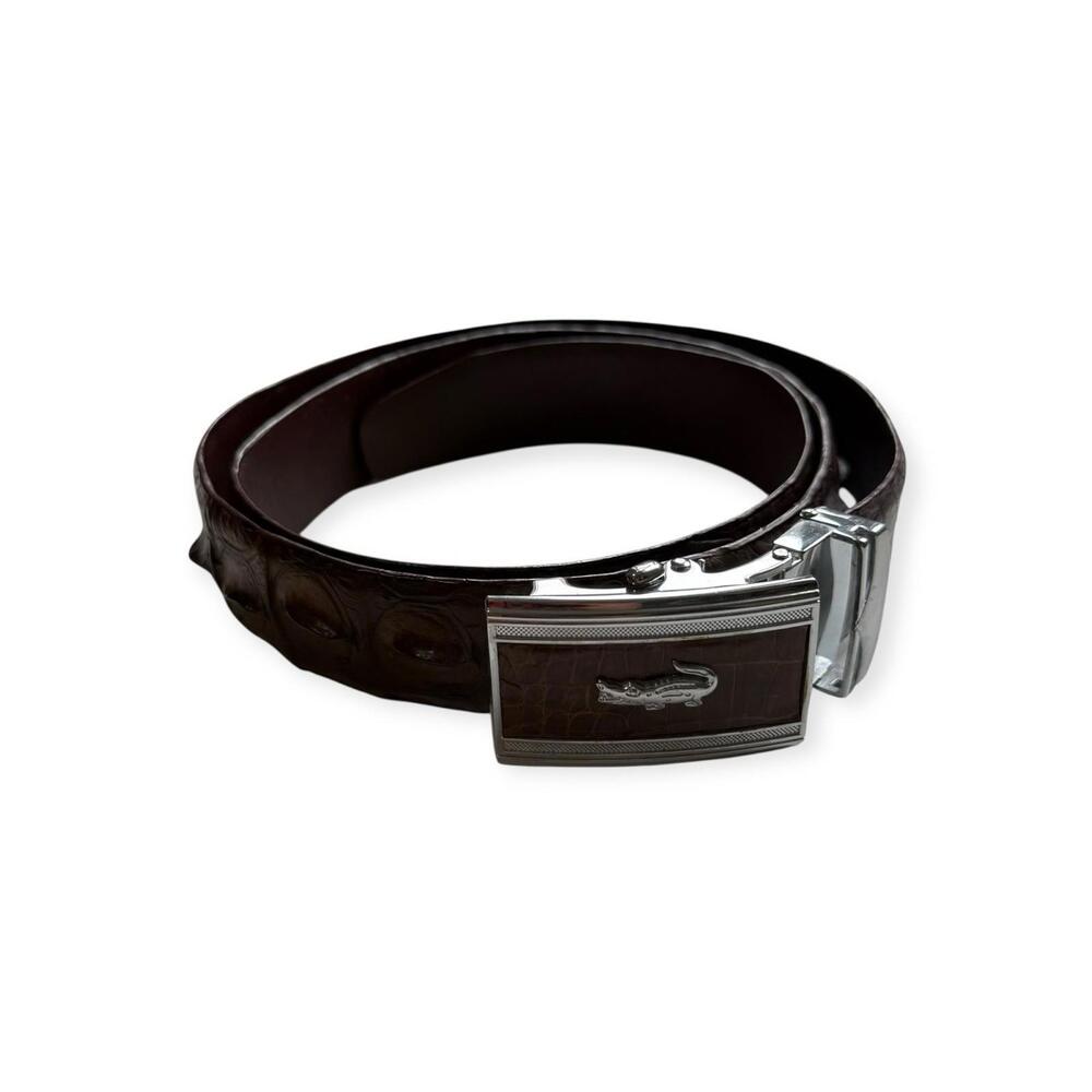 Lacoste Crocodile Embossed Leather Belt Brown Automatic Buckle Size 42 Men’s